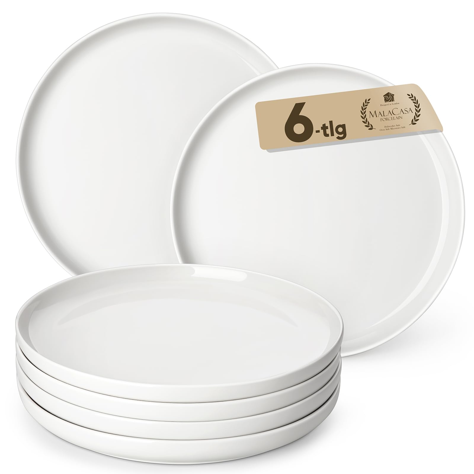 MALACASA LUNA Teller Groß für 6 Personen, Ø 26 cm Speiseteller aus weißem Porzellan, Teller Set, Geschirr für Spülmaschine und Mikrowelle, Servierteller mit erhöhtem Rand