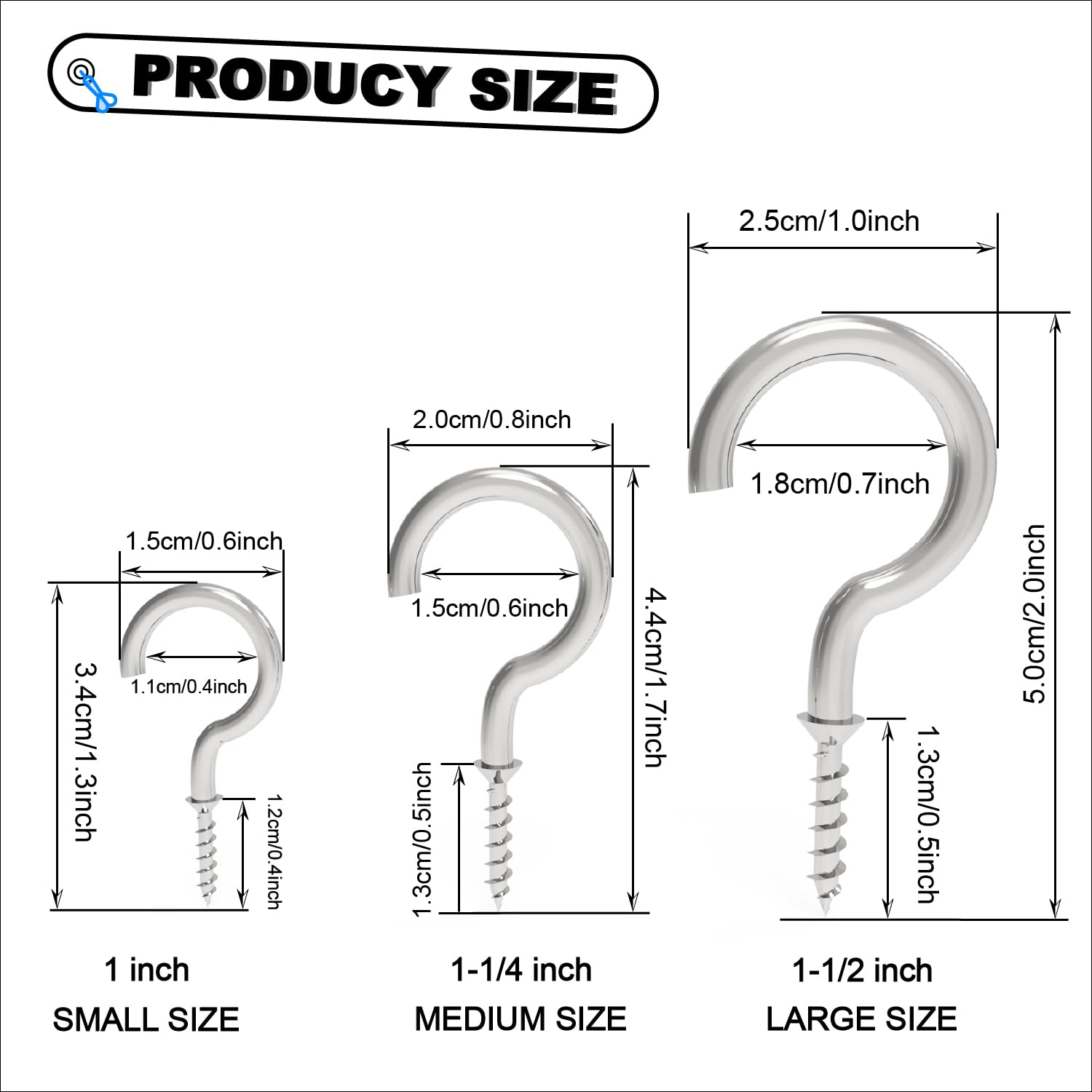 60 Pcs Screw in Hooks - 3 Sizes (1-1/4 inch, 1-1/2 inch, 1 inch) - Versatile Hooks for Hanging Cup, Mug, Utensils, Lights, Wreaths, Plants and More, Screw in Hooks Idea for Indoor & Outdoor