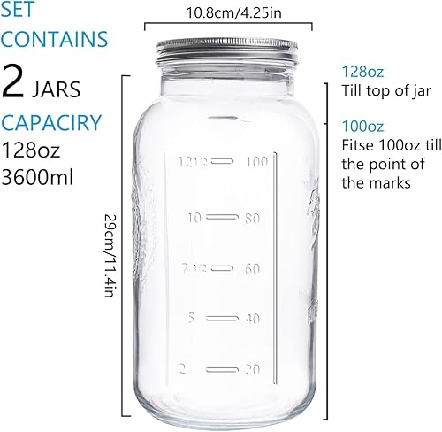 Miniatura 2 de eleganttime Tarros Mason de 128 onzas de boca extra ancha, paquete de 2, tarros grandes de vidrio de 1 galón con tapa hermética, seguros para