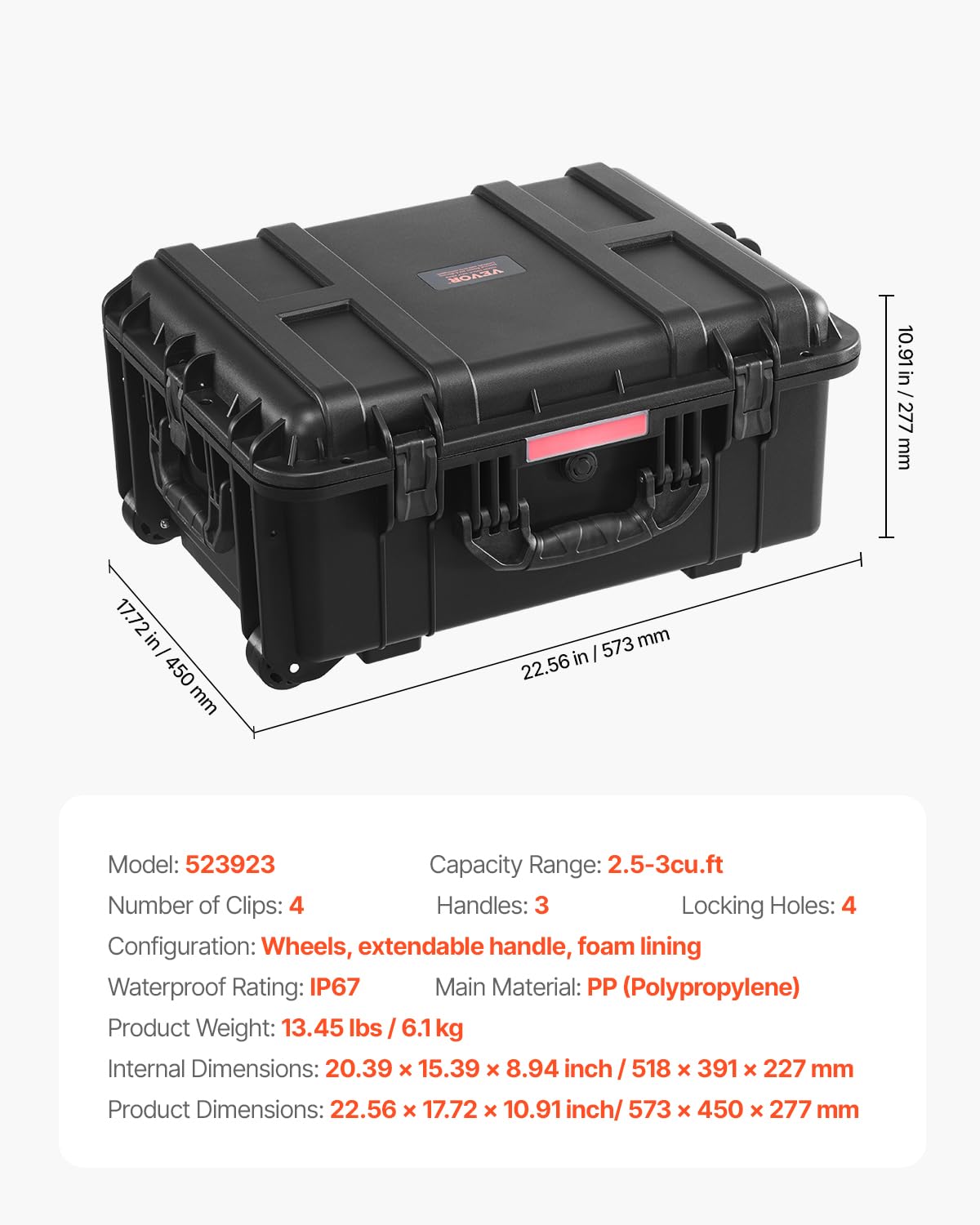 VEVOR Étui rigide résistant aux intempéries IP67, étui de protection robuste avec roulettes, poignée de traction rétractable, 4 clips, 4 trous pour cadenas, mousse insérée, 573 x 450 x 277 mm, 70-85 L