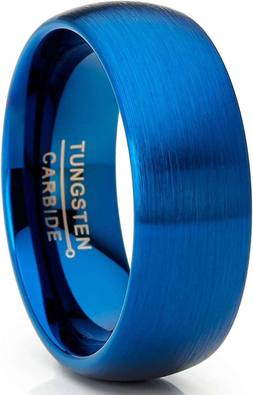 Metal Masters CO. Men's Blue Tungsten Carbide Wedding Band Ring Dome 8MM Brushed Comfort-Fit High Polish