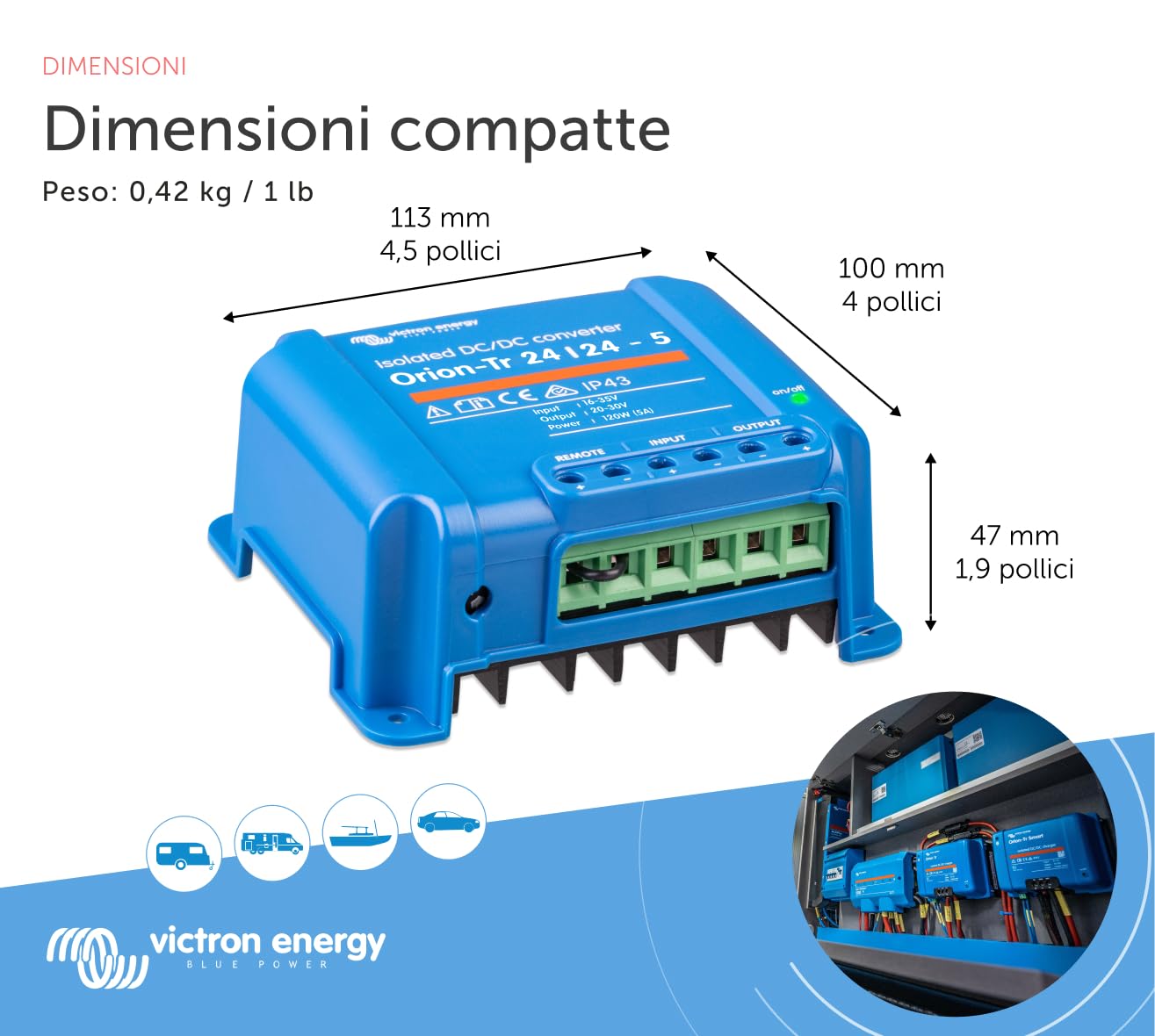 Victron Energy Orion-Tr IP43 24/24-Volt 5 amp 120-Watt Convertitore DC-DC, Isolato