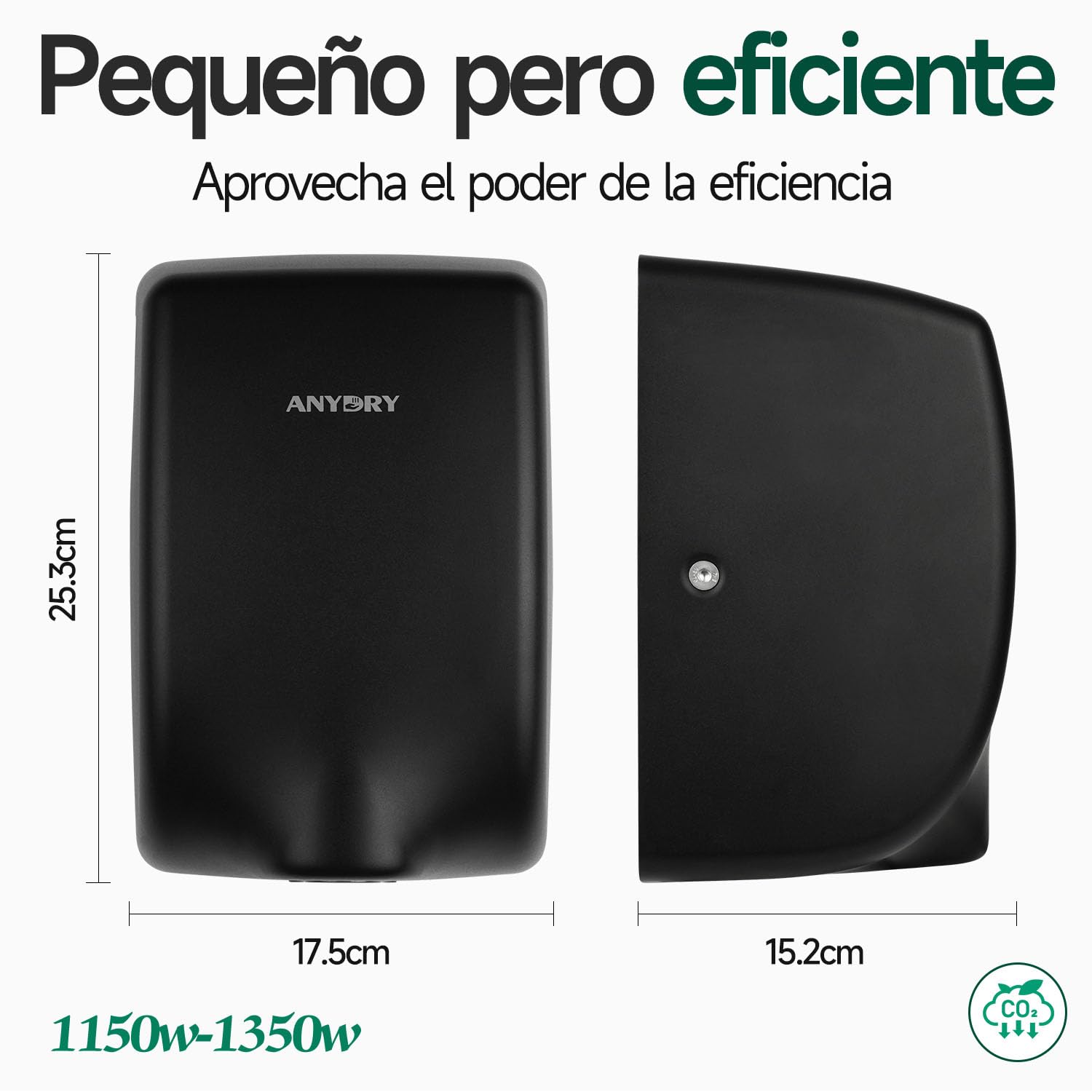 anydry Secamanos 2803Y Mini, Flujo de Aire de Alta Velocidad 1350W, Acabado en Acero Inoxidable Mate Negro, Diseño Compacto para Uso Comercial y doméstico(Mate Negro)