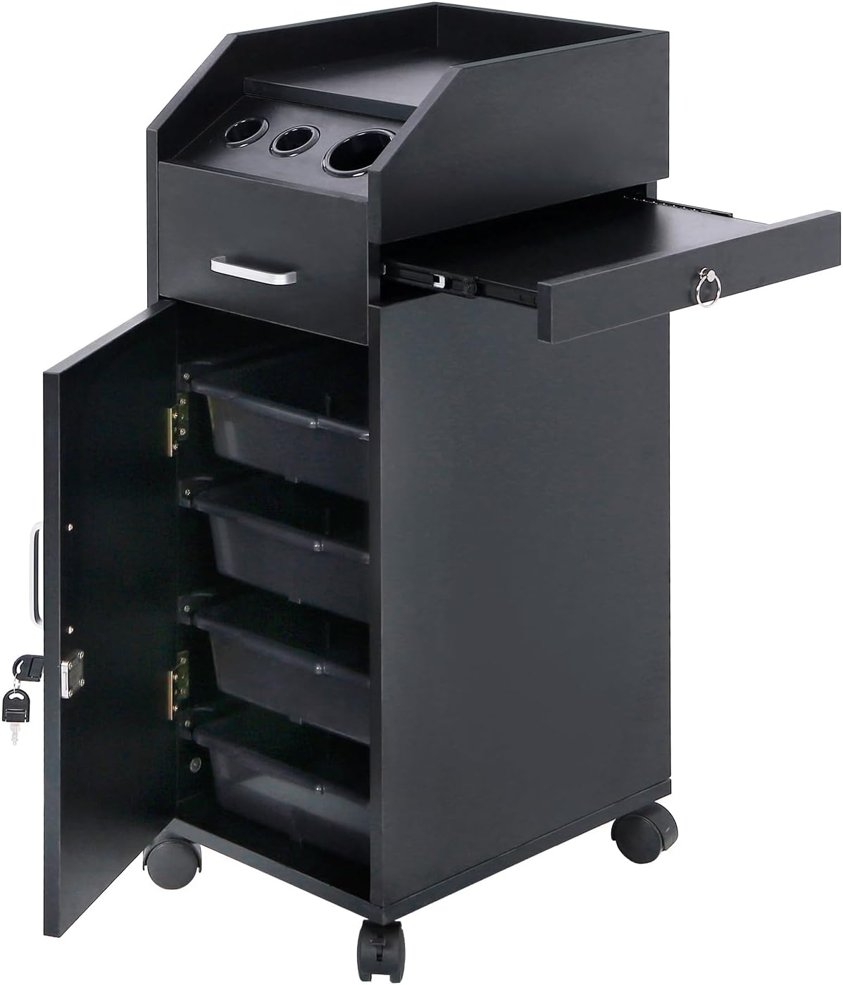 Hair Salon Storage Cart with Locable Wheels & 3 Hair Dryer Holders & 4 Drawers & Lock & 2 Keys, Rolling Salon Cart for Hair Stylist, Hairdresser, Beauty (Pink)