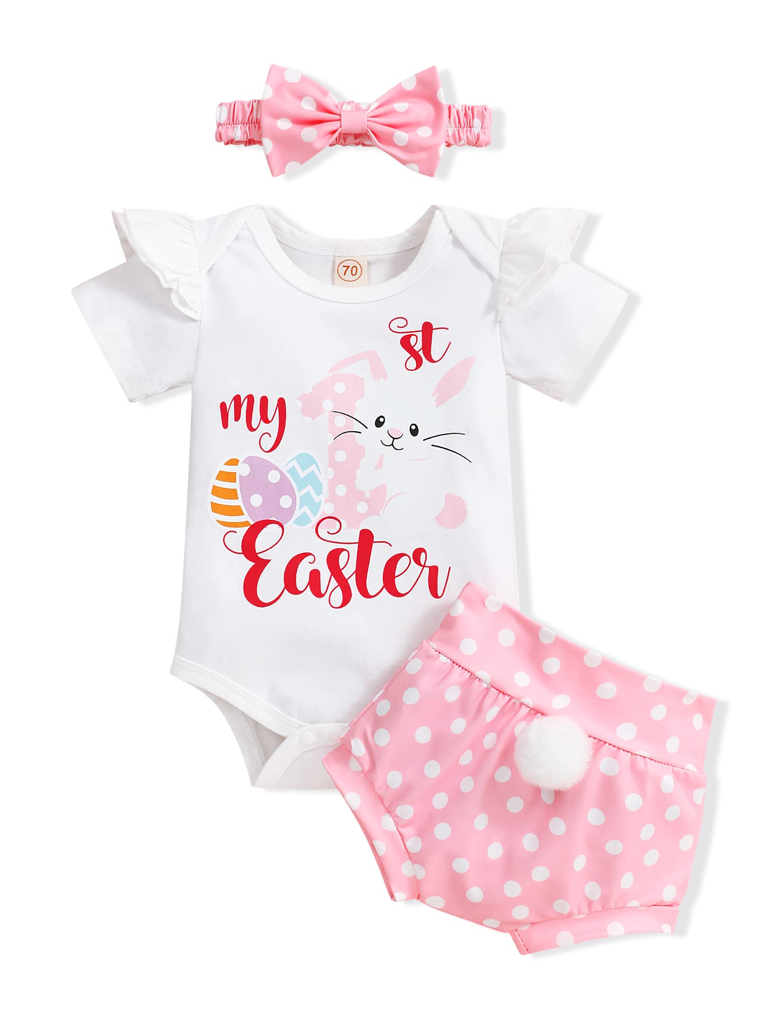 bilison My First Easter Outfits Newborn Easter Clothes Baby Girl Bunny Polka Dots Pant Romper Rabbit Hat Infant Clothing Set