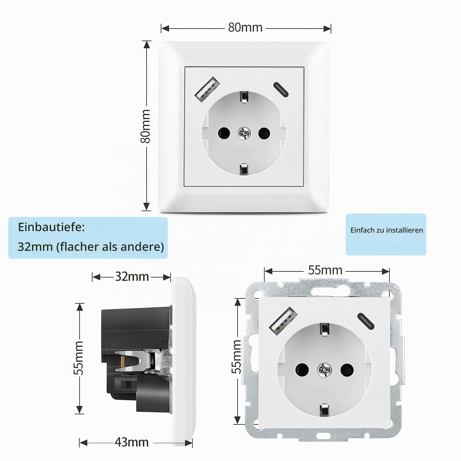 USB Steckdose, 2 X Schuko Steckdose mit USB Anschluss und Typ C (Max. 3.4A) Unterputz System 55 Reinweiß Glänzend Schutzkontakt-steckdose Passent in Standard Unterputzdose für Smartphone