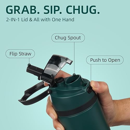 Miniatura 2 de BJPKPK Botella de agua aislada de 17 onzas con tapa de boquilla de popote 2-1, botellas de agua de metal de acero inoxidable con asa de transporte,