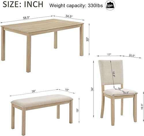 Miniatura 2 de LUMISOL Juego de mesa de comedor de 6 piezas con banco y sillas, juego de mesa de cocina de granja para 6 personas, juego de mesa y sillas de madera