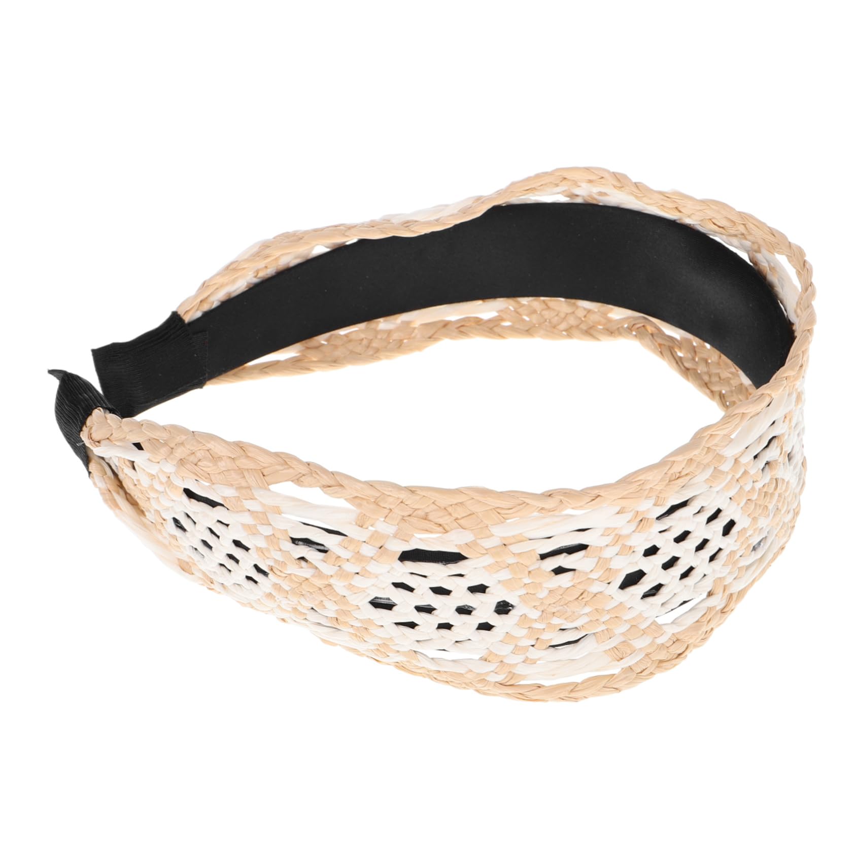 Bandeau Tissé Bohème Femme en Raphia Beige, Serrage-tête Large Vintage