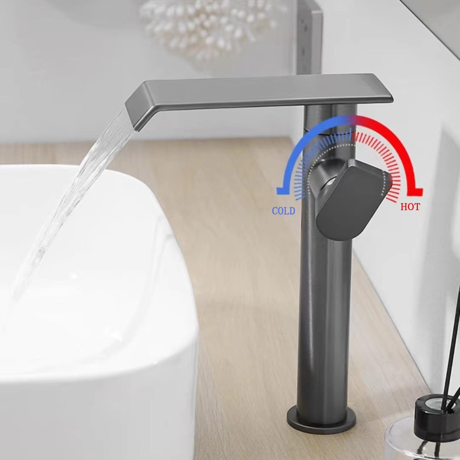 Bateria łazienkowa z wodospadem, do blatu, obrotowa o 360°, do umywalki łazienkowej, ciepła i ciepła, szara