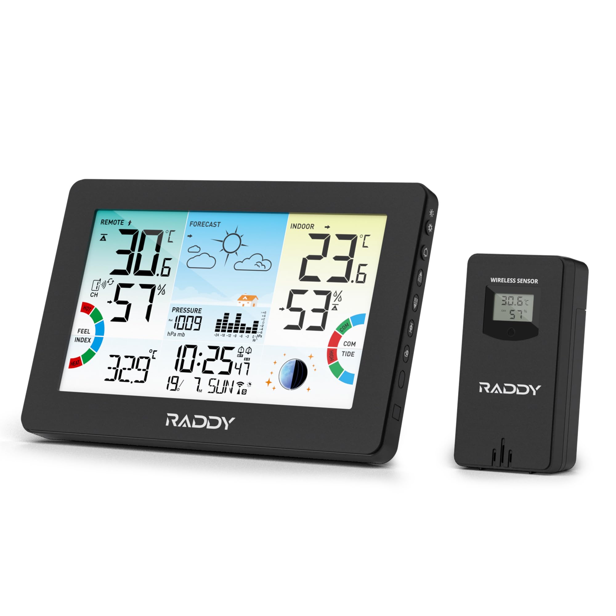 Raddy HW75 Stazione Meteo Wireless, Schermo a Colori 7,5", Termometro Igrometro Interno Esterno, Pressione Barometrica, Orologio Atomico, Indice di Calore, Punto di Rugiada, Fase Lunare, Giardino