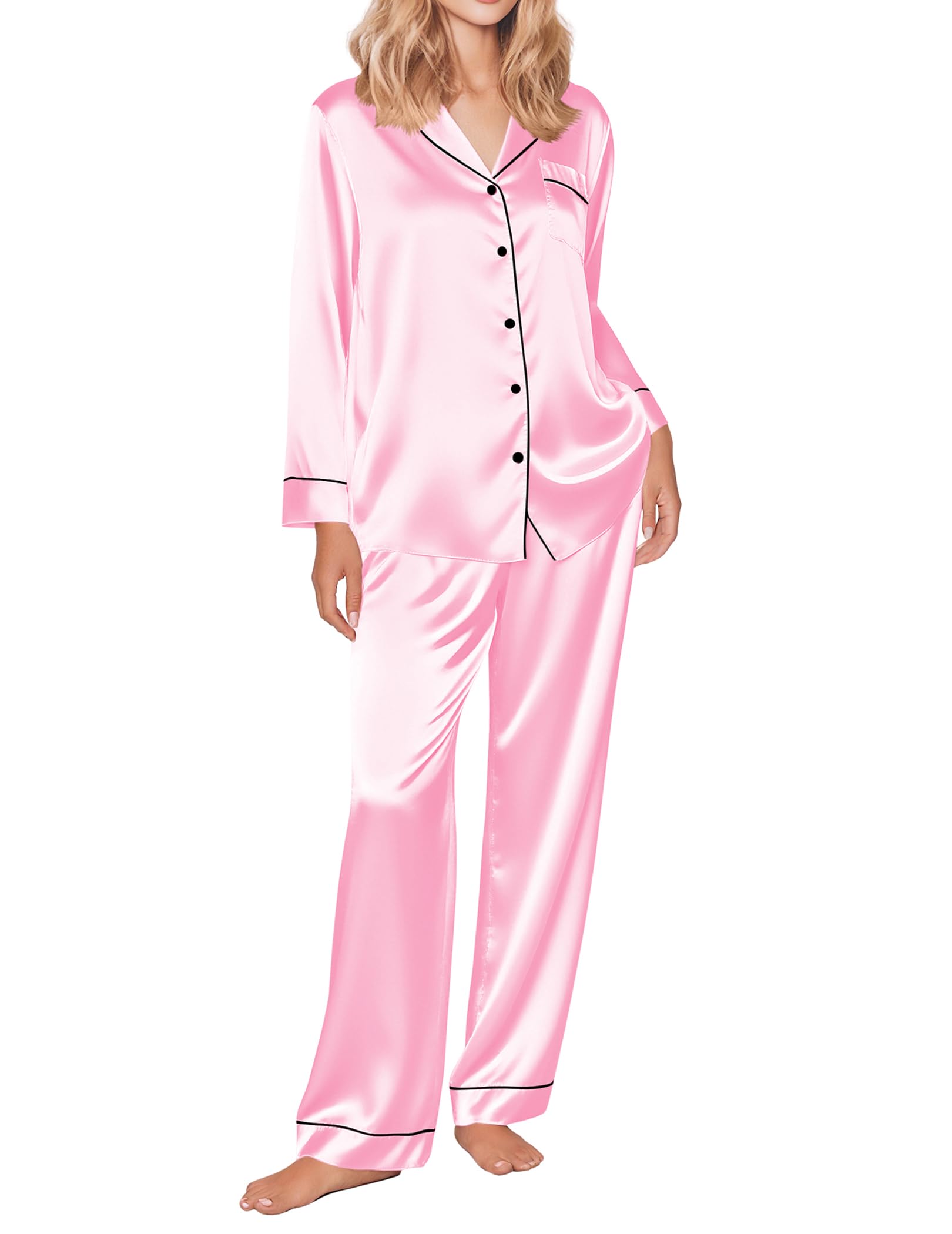 Ekouaer Silk Satin Pajama Set for Womens Button Up Long Sleeve Pjs Sleepwear Soft 2 Piece Loungewear S-XXL