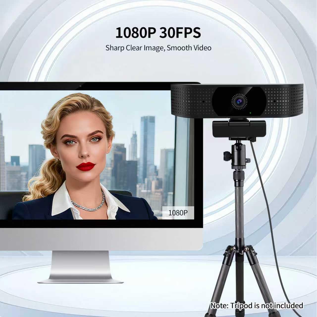Webcam wireless 1080P per PC, webcam con microfono che riduce il rumore, FOV 92°, rotazione a 360°, plug and play, fotocamera wireless funziona con Skype, zoom per conferenze, videochiamate (senza