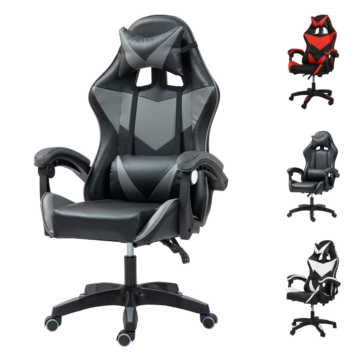Yesuitme Gaming Chair, Computer Chair with Lumbar Cushion, Headrest, Height-Adjustable Office Chair Gaming Chair for Adults, Girls, Boys (Without Footrest, Black+Grey) โ image 1