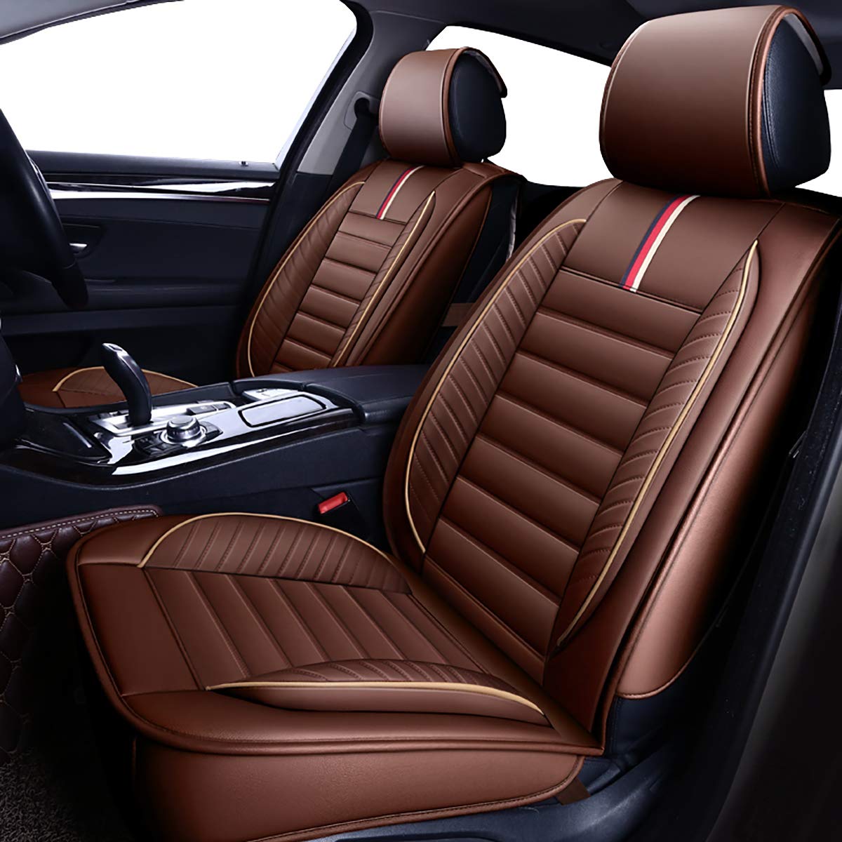 OASIS AUTO Car Seat Covers Accessories 2 Piece Front Premium Nappa Leather Cushion Protector Universal Fit for Most Cars SUV Pick-up Truck, Automotive Vehicle Auto Interior Décor (OS-001 Brown)