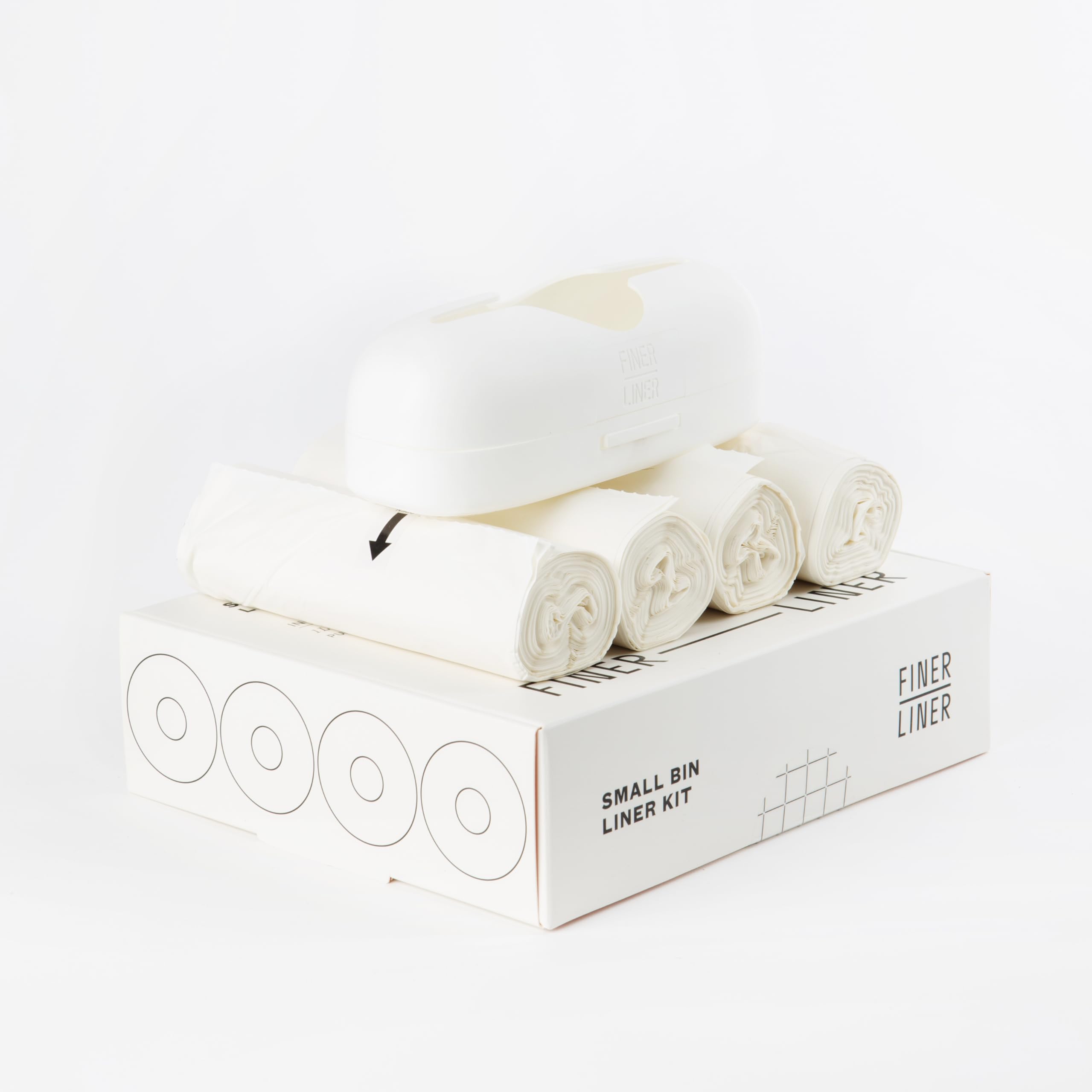 FINER LINER Small Bin Liner Kit, Includes 1 Refillable Dispenser & 4 rolls of unscented trash bag liners (40 count total), Fits up to 3 gallon small trash cans