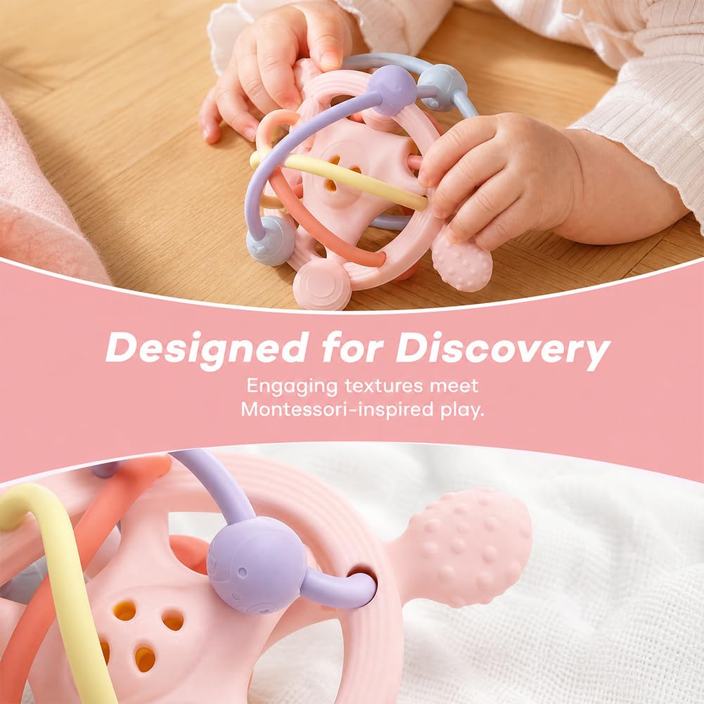 Juguete Mordedor Pelota Bebé, Juguetes Sensoriales para La Dentición Juguete de Denticion Sonajero para Bebe Juguetes Educativo Temprano Montessori para Bebés de 3 a 18 Meses(Rosa)