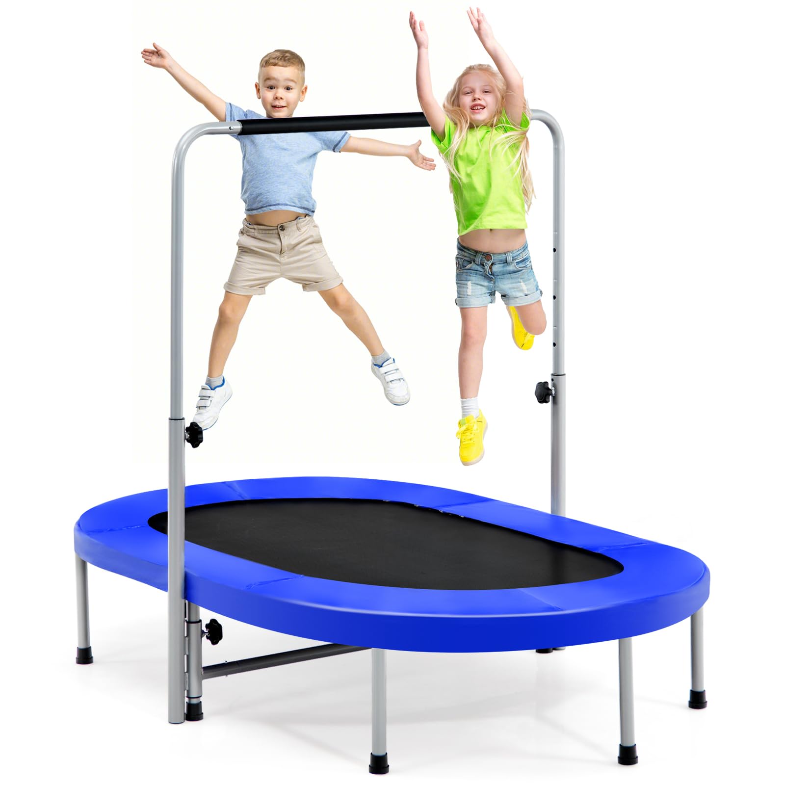 SPOTRAVEL 60โโ Kids Trampoline, 2 Persons Foldable Fitness Rebounder Trampoline with Height Adjustable Handrail & Padded Protective Cover, Indoor Outdoor Exercise Jumper for Adults Toddler (Blue)
