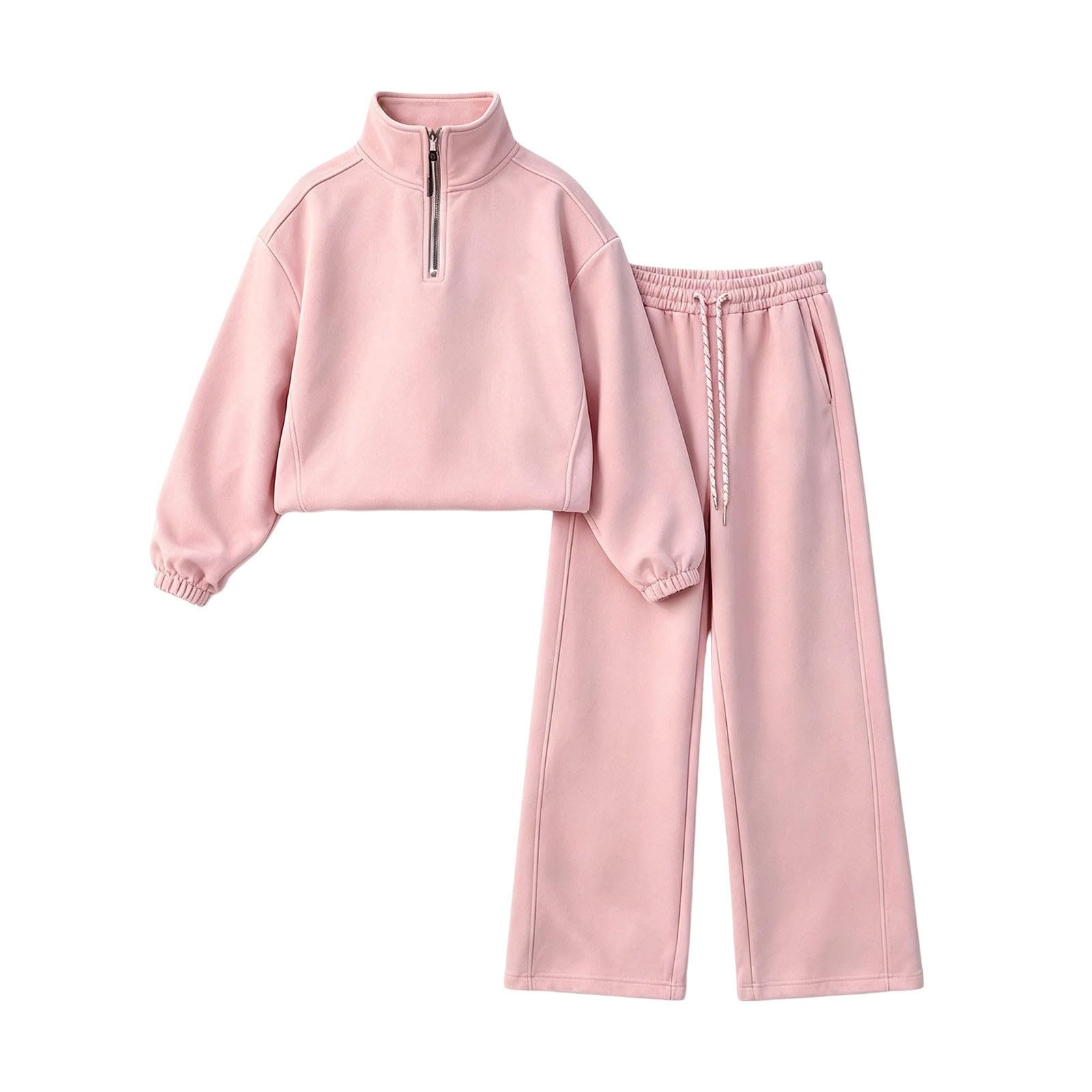 Tuta da ragazza con cappuccio e pantaloni della tuta con mezza zip, rosa, 7-8 anni | Felpa con cappuccio e pantaloni sportivi per bambini, set da 2 pezzi, per la scuola, casual, comodo, con cerniera a un quarto