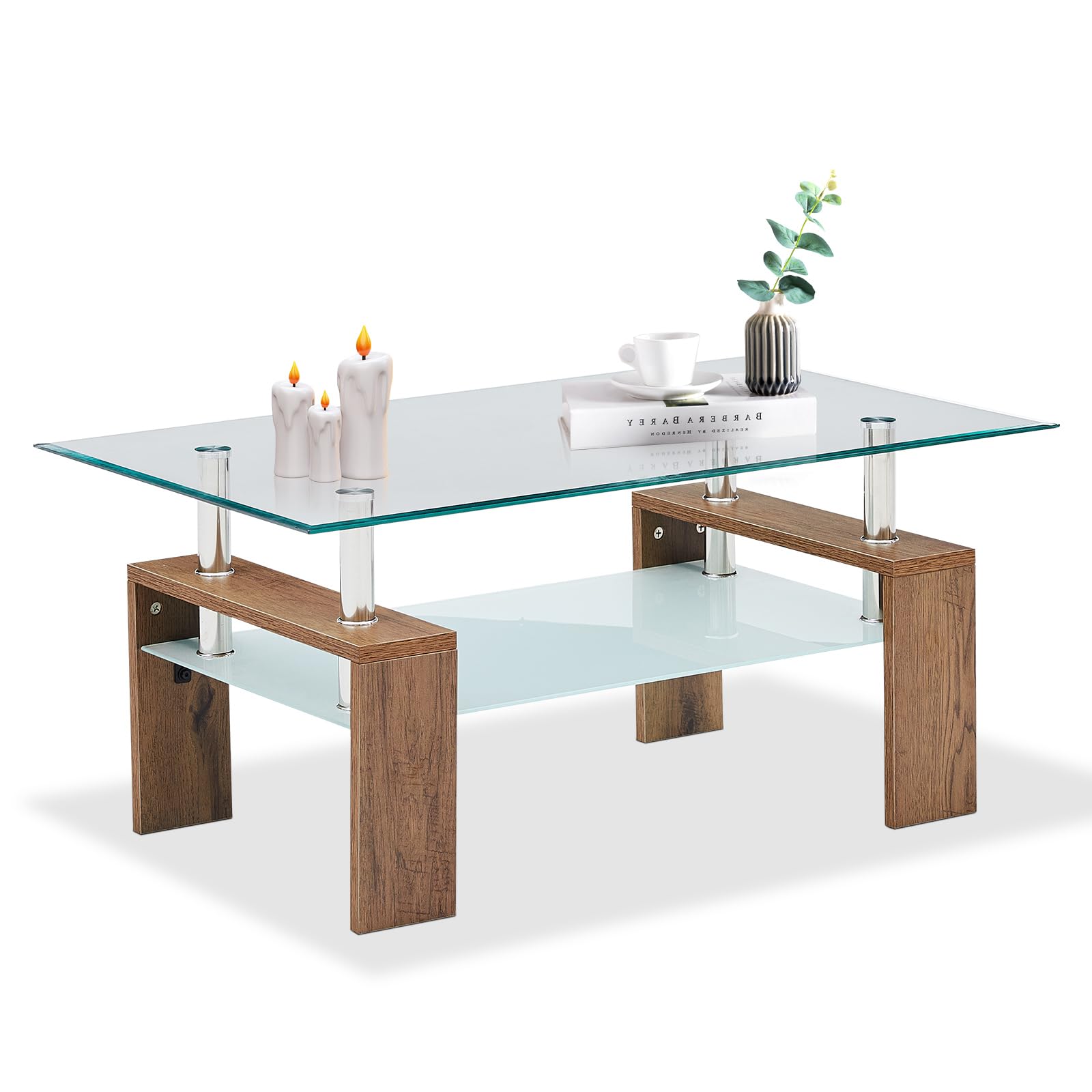 OFCASARectangle Glass Coffee Table, 2-Tier Tempered Glass Modern Center Table with Stainless Steel Support, Side End Table with Open Storage Shelf for Living Room (Natural Wood)