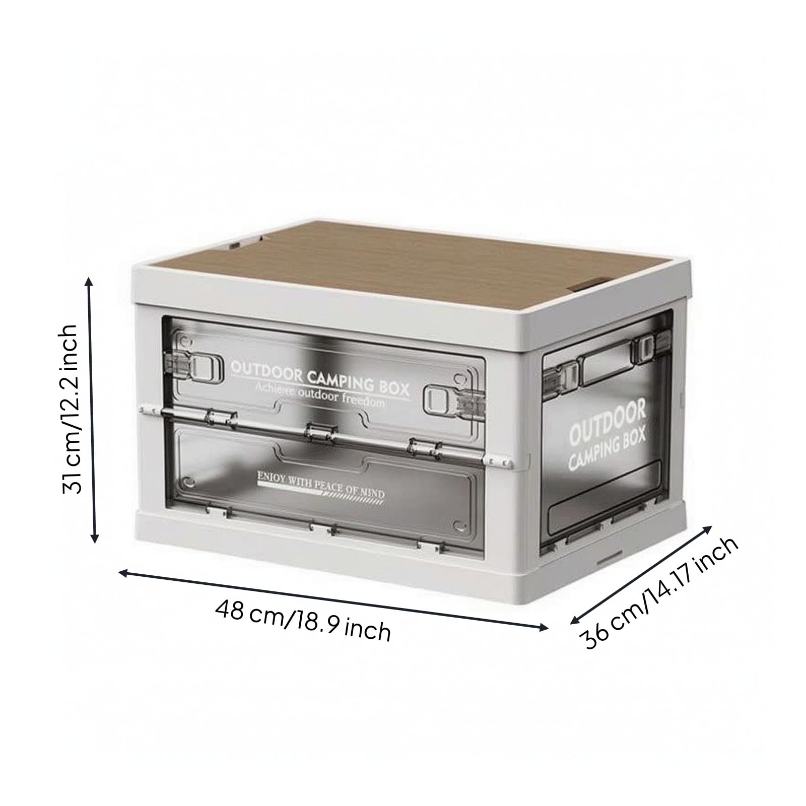 Outdoor Aufbewahrungsbox Faltbox Klappkiste Stapelbox Kiste mit Fünf Seitlichen Zugängen Und Sicherem Riegelverschluss aus PP Holzplatte für Camping, Transparent Weiß