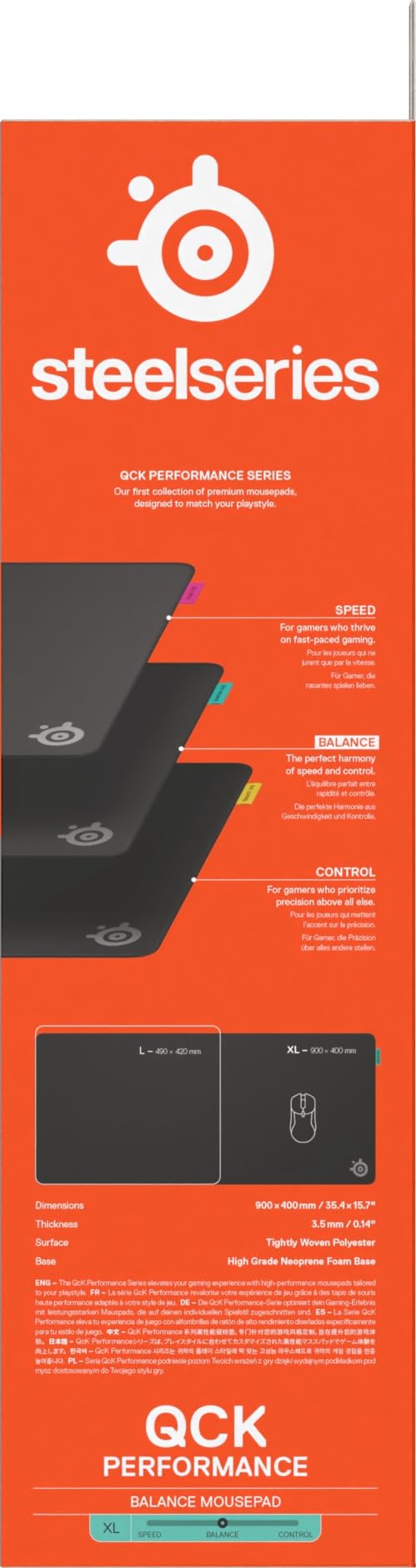 SteelSeries QcK XL Performance Balance, mousepad da gioco - Densità extra per scorrevolezza top - Cuciture ai bordi a basso profilo - Base in neoprene antiscivolo - 900 x 400 mm - FPS, MOBA, RTS, MMO