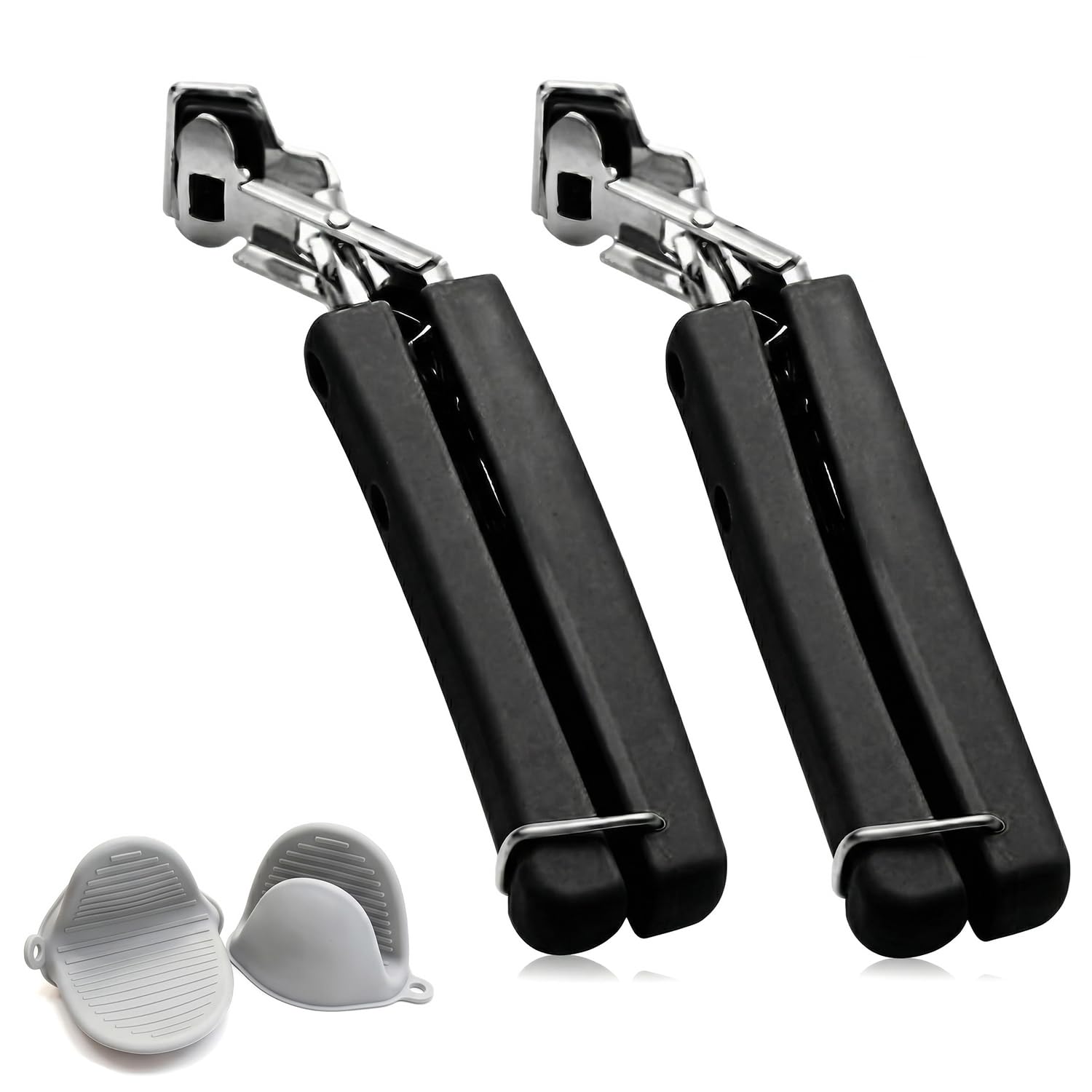 Hot Plate Gripper Set (2 Clips + 2 Silicone Mitts), Stainless Steel Anti-Scald Bowl Retriever Tongs for Microwave Air Fryer Oven, Non-Slip Head & Spring Handle for Dishes