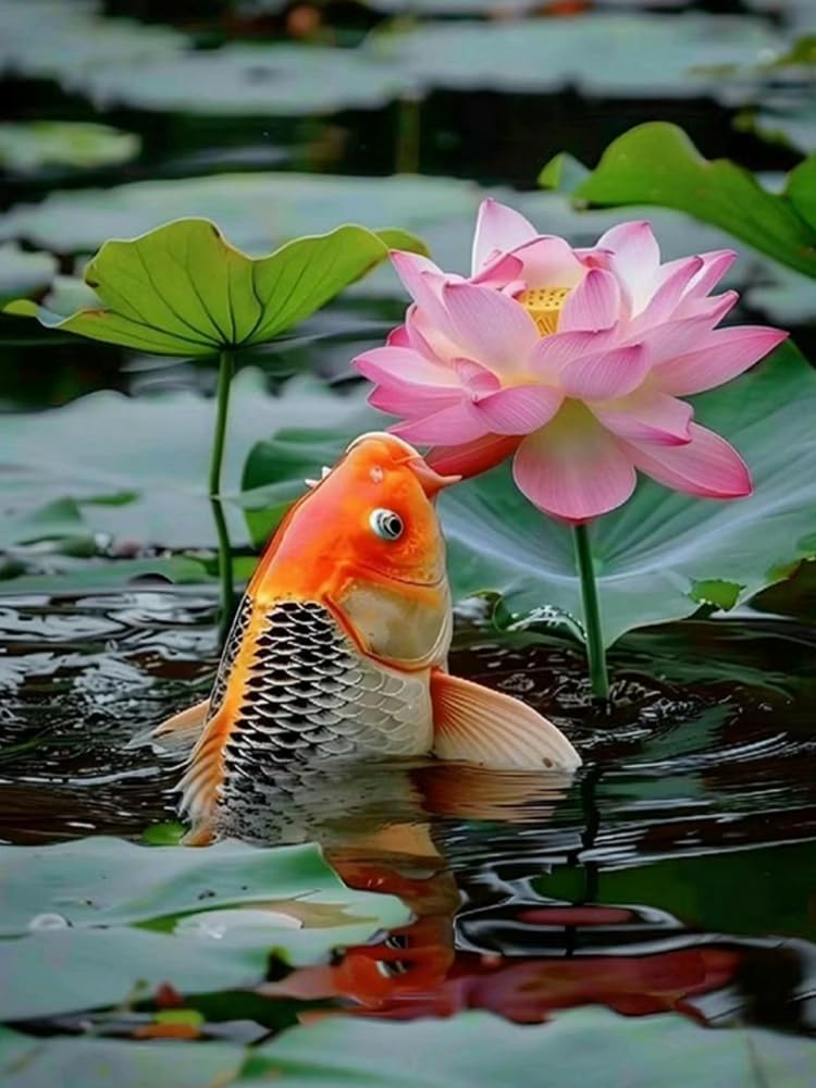 Eiialerm Cross Stitch Kits for Adults Koi and Lotus 11CT Pre-Printed Pattern Stamped Cross-Stitching Embroidery Kit Needlework Gifts 16x20 inch
