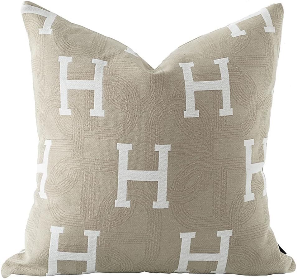 20×20” Inches Throw Pillow Cushion Cover – Beige H Letter Embroidery Modern Fashion Style Couch Sofa Pillow Cover for Living Room Bedroom