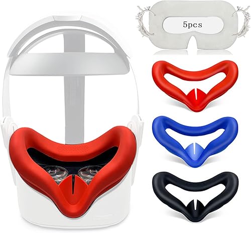 3Pcs VR Silicone Cover Eye Pads for Oculus Quest 2 Sweat Proof Lightproof Non-Slip Washable Comes with 5pcs Disposable Eye Covers (Black+Blue+Red)