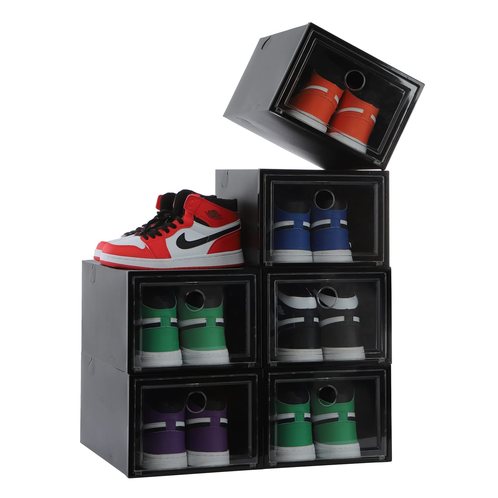 COOLBABY 6 Pack Shoe Storage Box Clear Plastic Stackable Drop Front Organizer Space Saving Foldable Container Bin Fit up