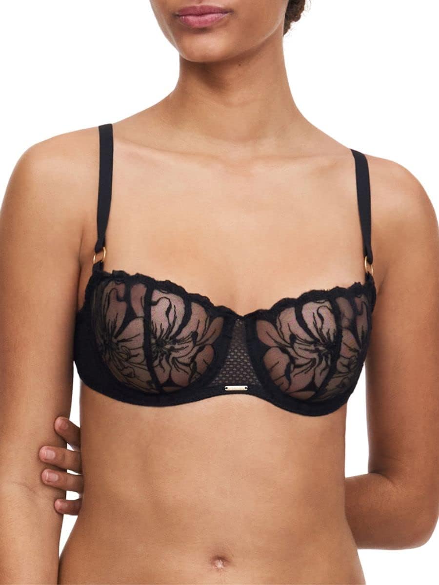 Chantelle Fleurs Half Cup Balcony Bra - Black - Size 34F - Nylon/Elastane