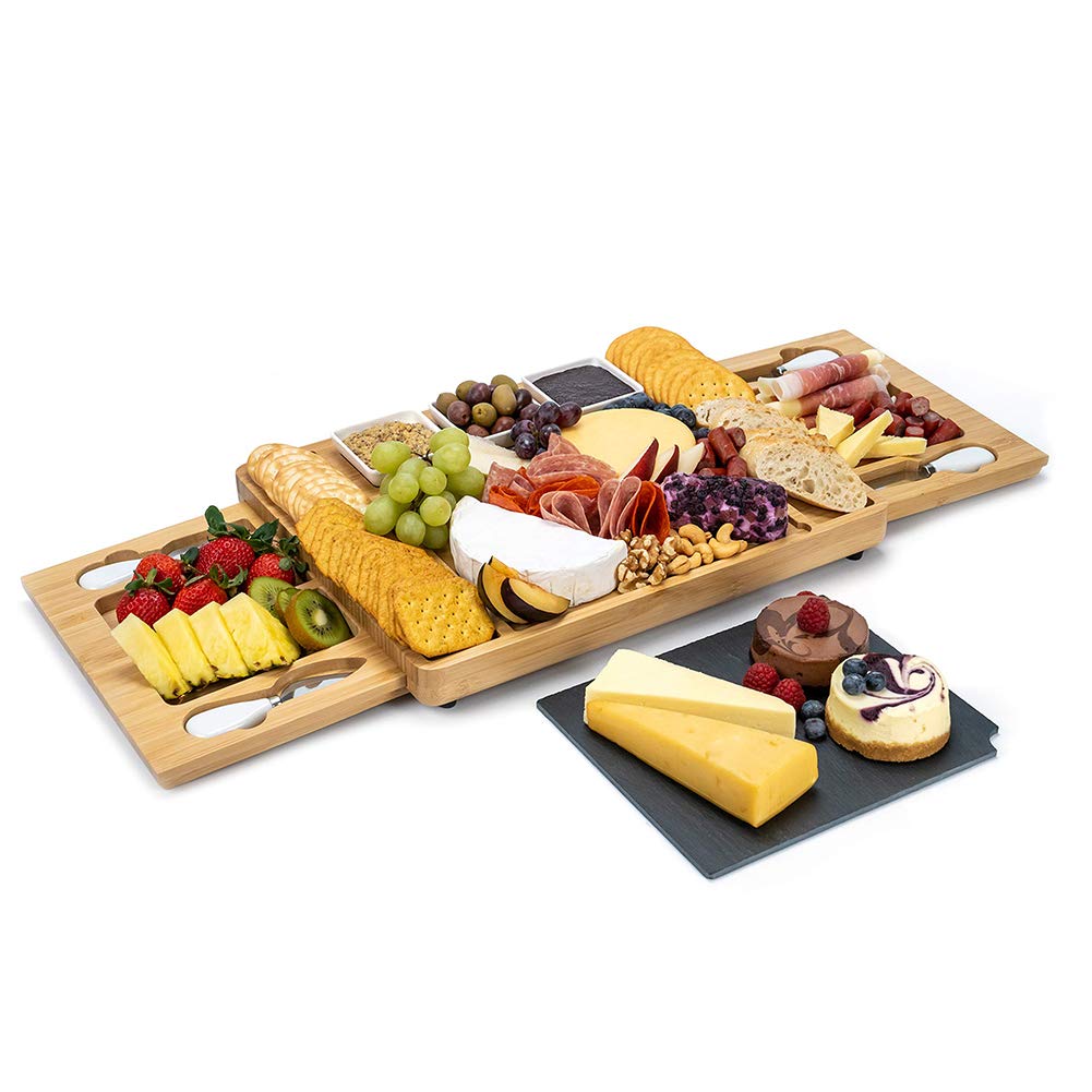 Planche à Fromage en Bambou et Couteau à charcuterie en Bois Plateau à Fromage avec 2 tiroirs coulissants, Cadeaux de Pendaison de crémaillère de Mariage