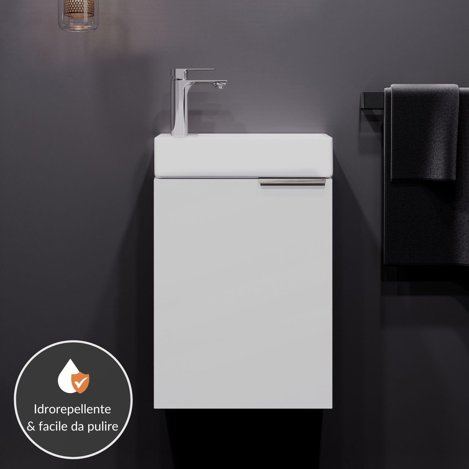 Planetmöbel Mobile bagno sottolavabo 40 cm con rubinetto cromata, mobiletto bagno con lavabo per bagni piccoli, WC ospiti, bianco
