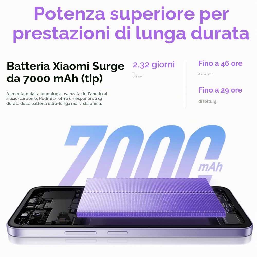 XIAOMI Redmi 15 - Smartphone (8 + 256 GB, 6,9 pollici, FHD+ Display Powerful Snapdragon 685 massiccia 7000 mAh (typ) Battery 50 MP AI Dual Camera System, with Charger (Purple)