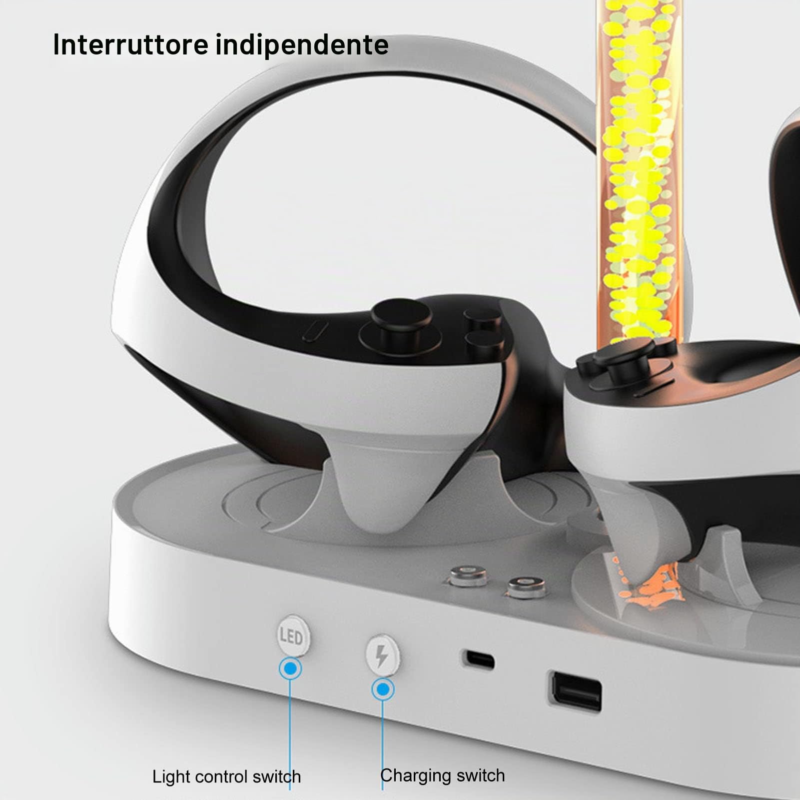 Base di Ricarica Magnetica per VR2 Vontroller e per Console Stazione di Ricarica Rapida USB RGB con Supporto per Cuffie, Supporto di Ricarica PS VR2 Sense con 4 Ventose
