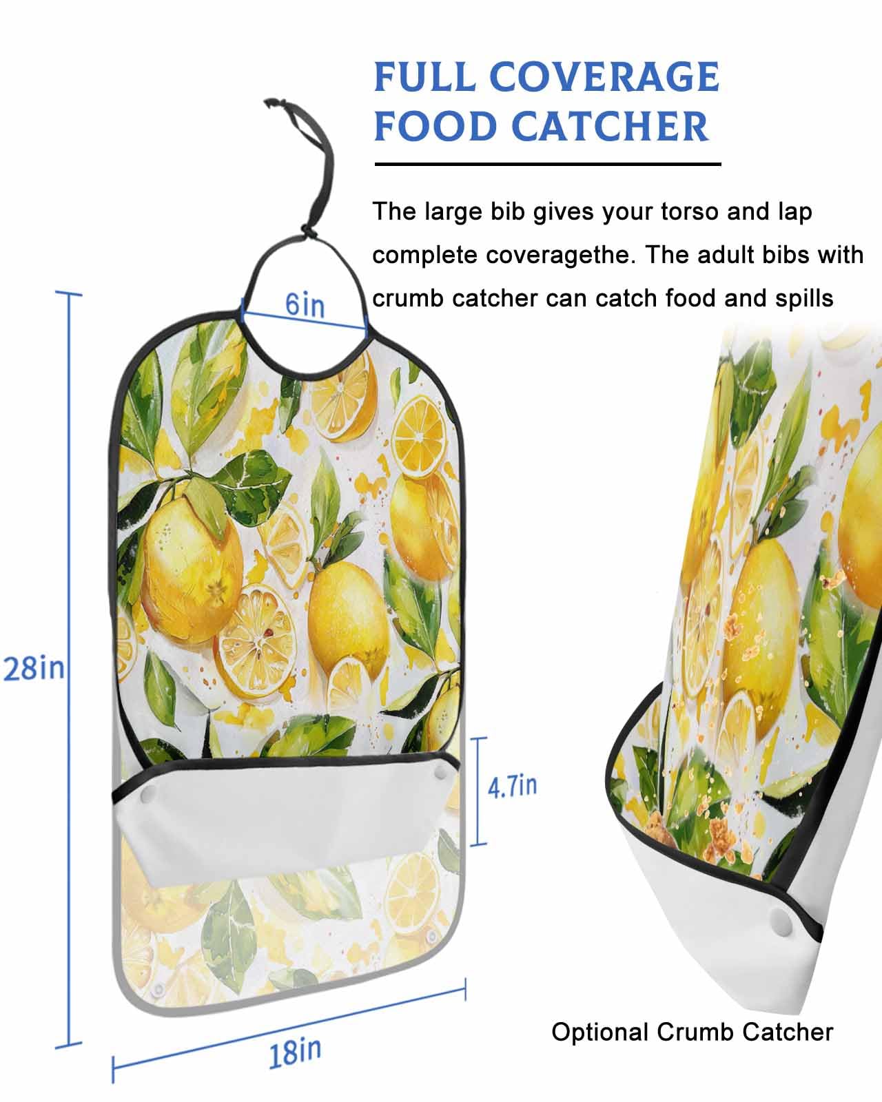 LEOKOTI Summer Lemon Adult Bibs for Eating, Waterproof Bibs with Food Catcher & Adjustable Snap Closure, Watercolor Summer Yellow Fruits Botanical Washable Clothing Protectors Adult Bibs for Elderly