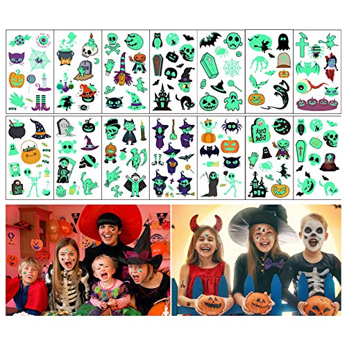 Temporäre Halloween-Tätowierungen für Kinder,14 Blätter leuchtende Tattoos für Kinder Erwachsene, Kürbis Fledermäuse Hexe Skeleton Ghost Tattoos für Halloween Party Dekor (Halloween Tattoos) Cover