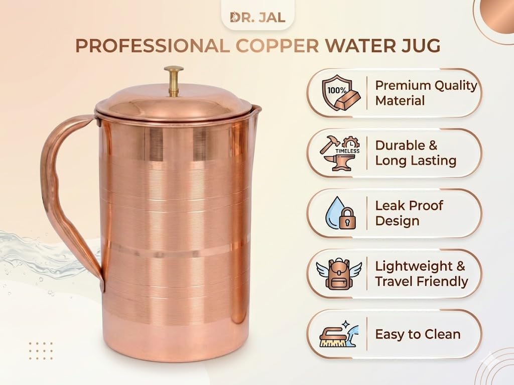 Pure Copper Pitcher with Handle – 1.5 Litre Size 4 Dispenser Jug with Spill-Free Lid, Heavy-Duty Handcrafted Metal Carafe for Alkaline Water, Decorative Copper Tableware