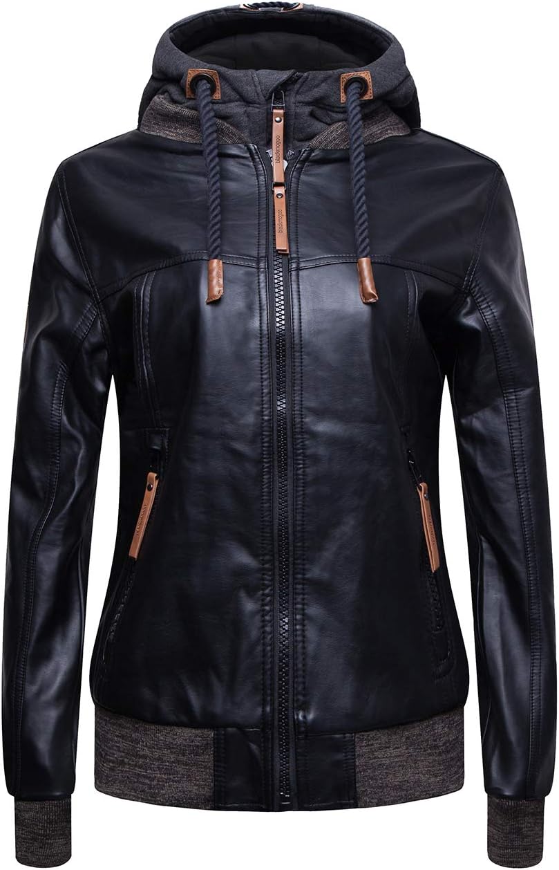 Faux Leather Moto Jackets for Women Slim Fit Windbreaker and Waterproof Hooded Bike Jacket Coats