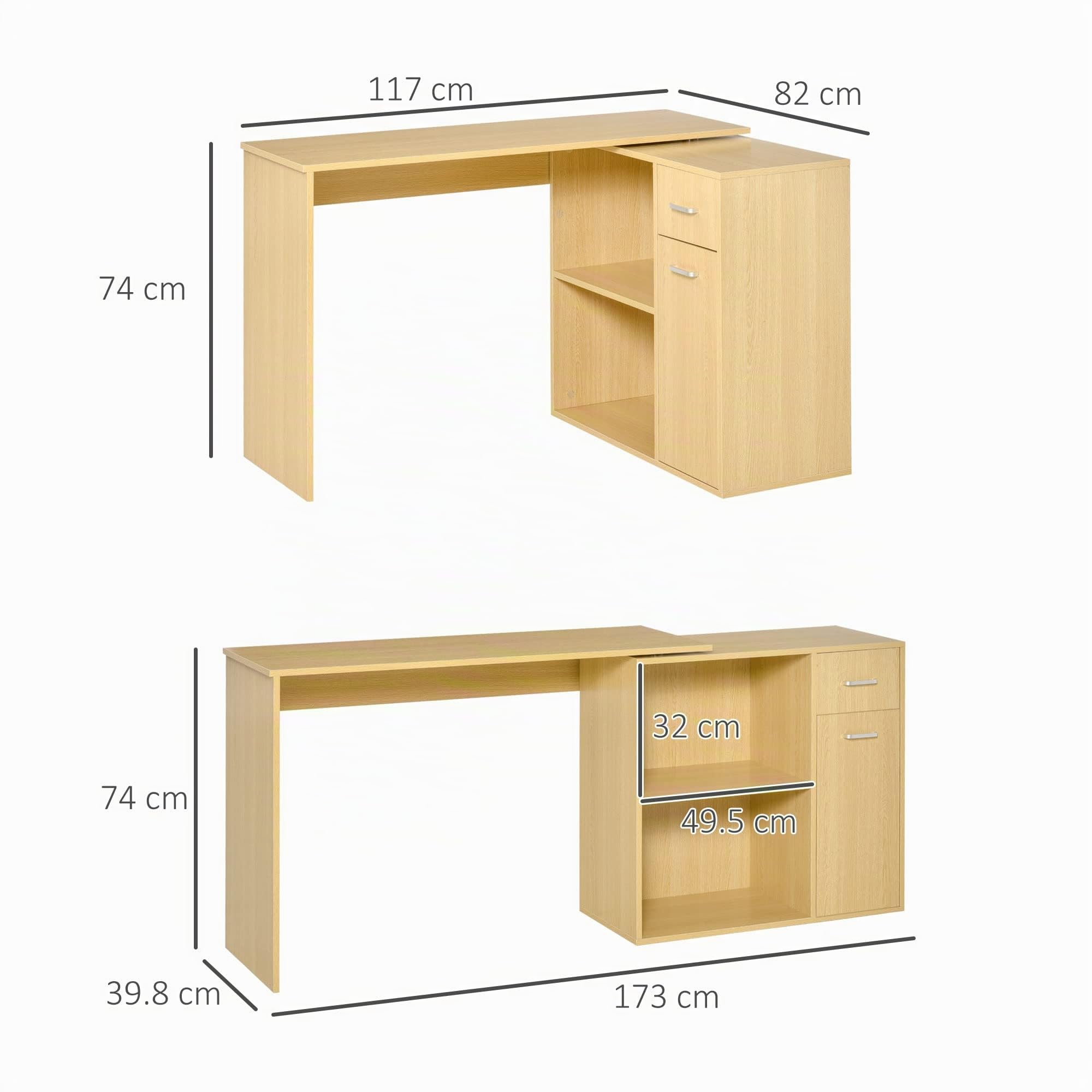 HOMCOM Scrivania Angolare per Studio 2 Cassetti 117x82x74cm Rovere Legno | per Ufficio, 2 Ripiani, Scrivania Moderna