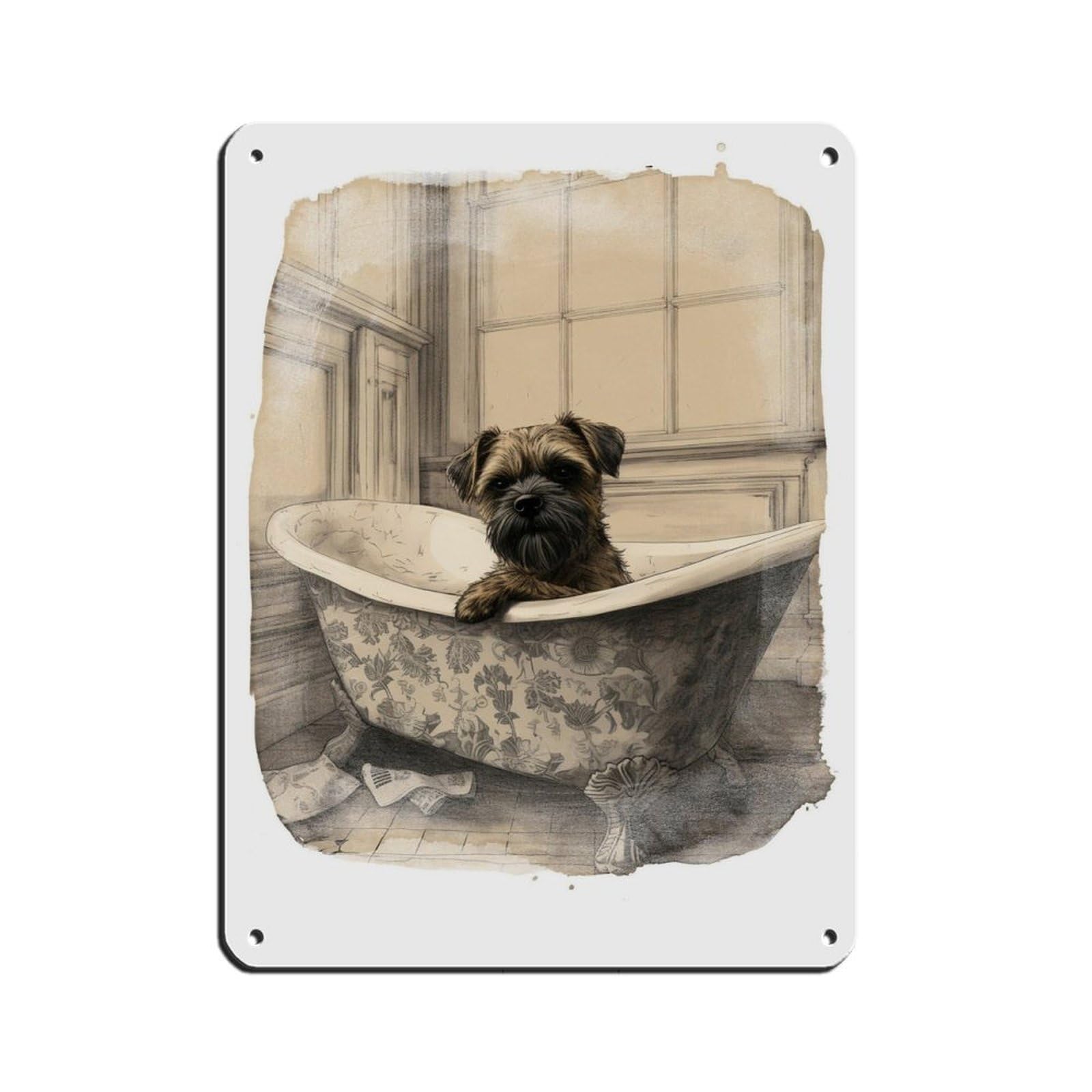 Border Terrier in Bath, Bathroom Art Tin Sign Vintage Metal Pub Club Cafe Bar Home Wall Art Decoration Poster Retro 12x16inch(30x40cm)