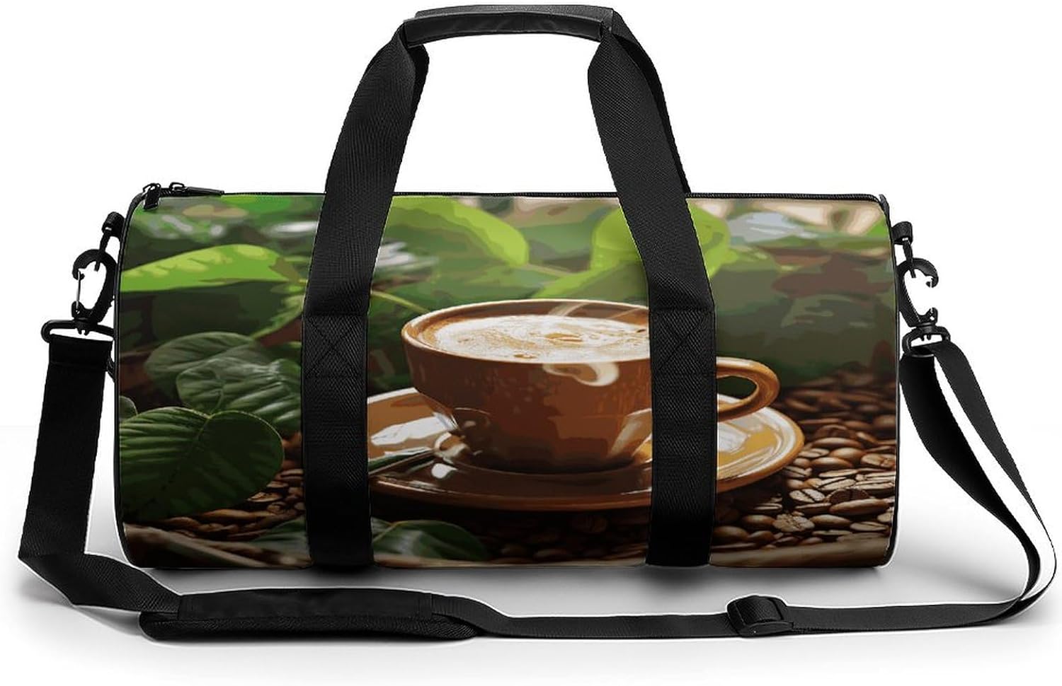 Aesthetic Sports Bag for Women Coffee And Green Leaves Printed Duffle Travel Bag for Men Women Mini Workout Bags Cylindrical Gym Bag