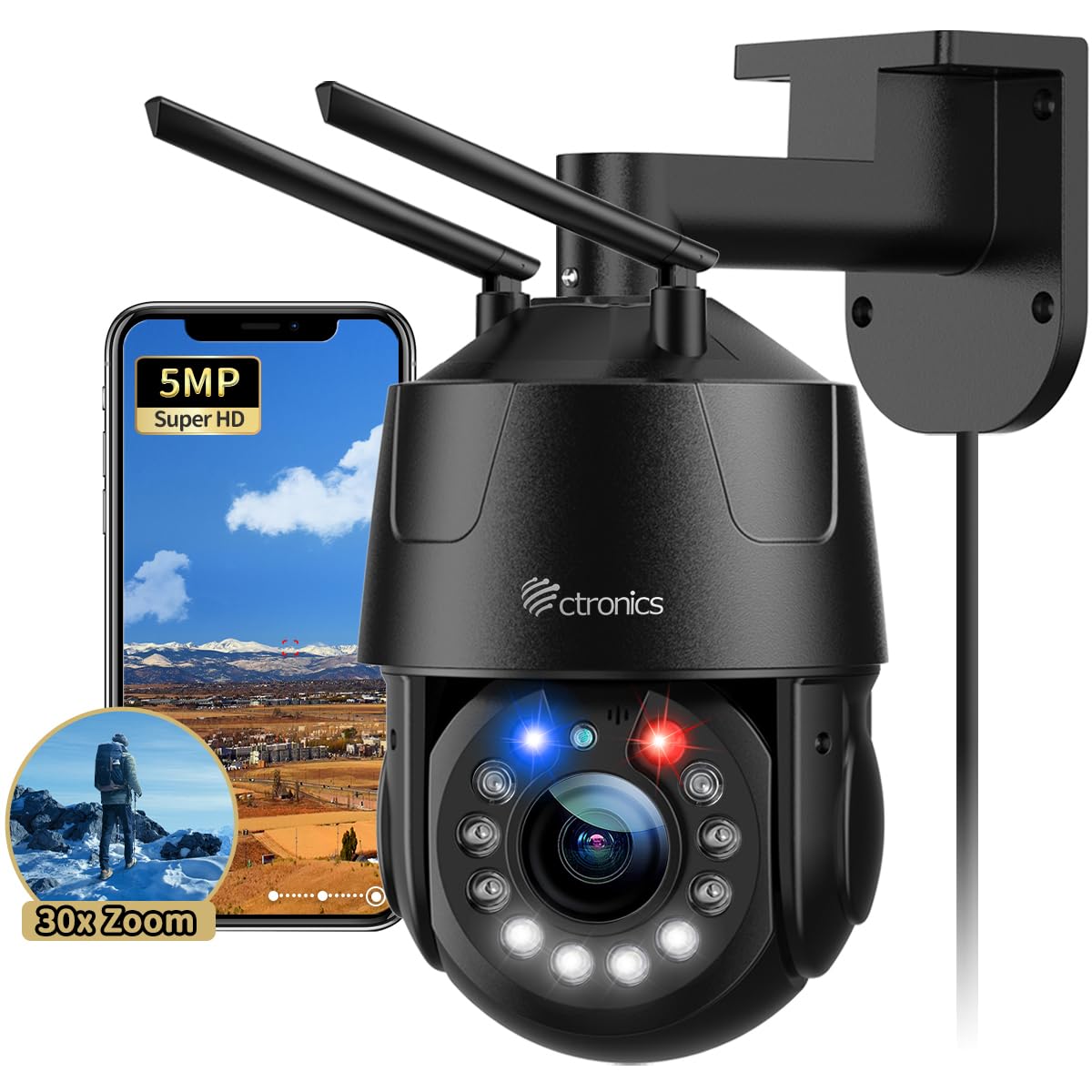 5MP 30X Optical Zoom Metal CCTV Security Camera WiFi Outdoor 2.4/5Ghz, 360°View Surveillance Cameras with Auto Cruise & Zoom, 150m Color Night Vision,Human Detection,IP66 (Black)