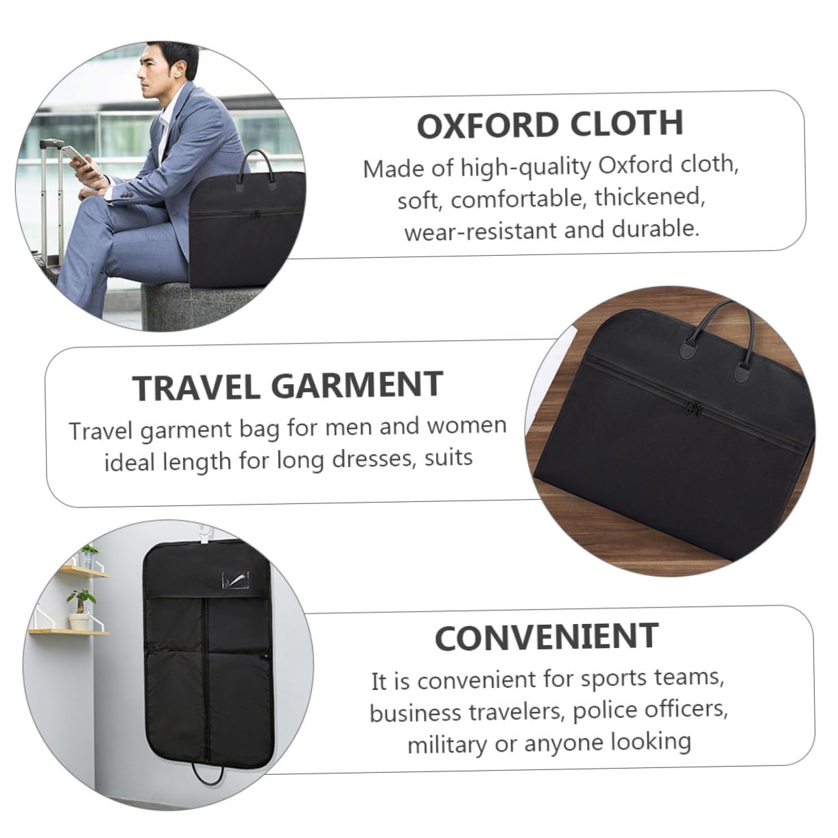 Reisekleidersack für Anzüge, 1 Stück, Oxford, Faltbar, Schwarz