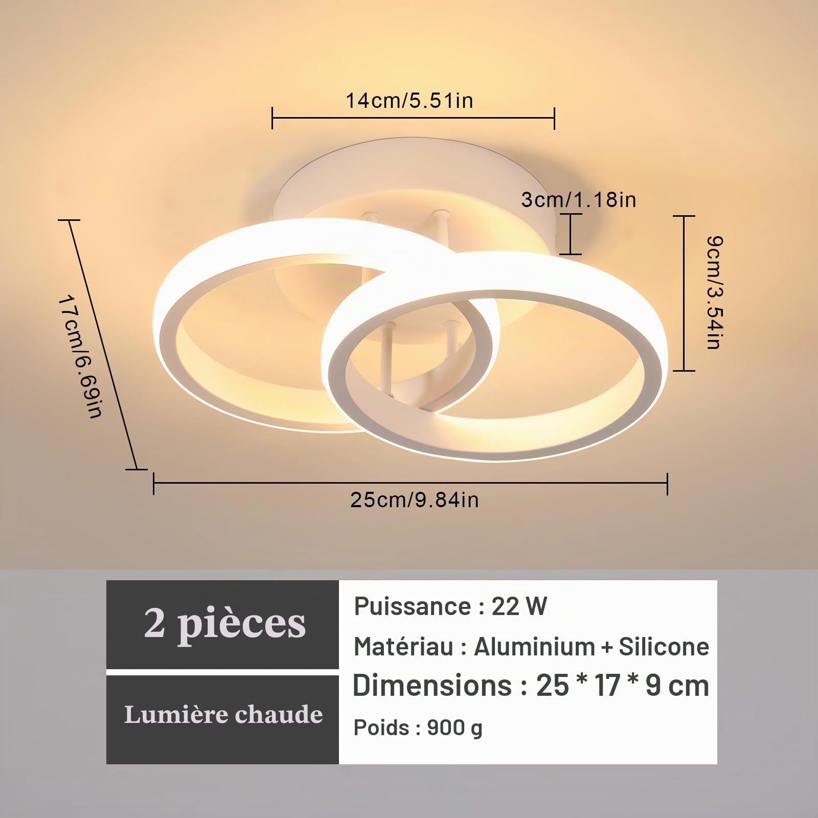 Goeco 2 Pièces Plafonnier LED Rond Moderne 22W 2475LM 3000K, Blanc