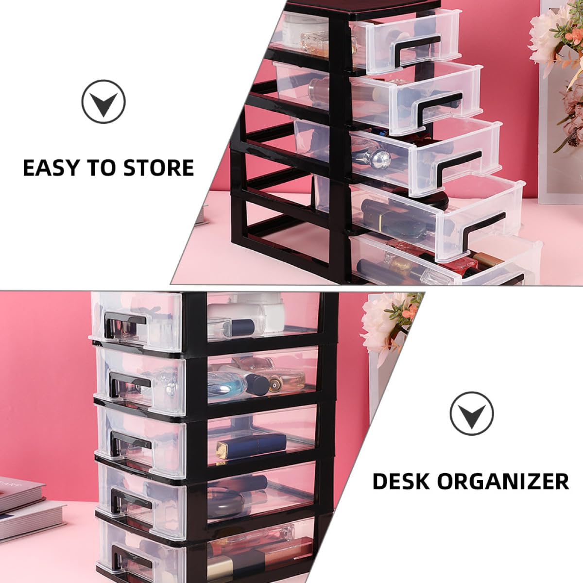 BESPORTBLE Cassettiera in Plastica Trasparente 5 Livelli 2 Pezzi, Cassetti Portaoggetti da Scrivania Multiuso per Ufficio, Organizer per Trucco e Bagno Ampia Capacità Salvaspazio