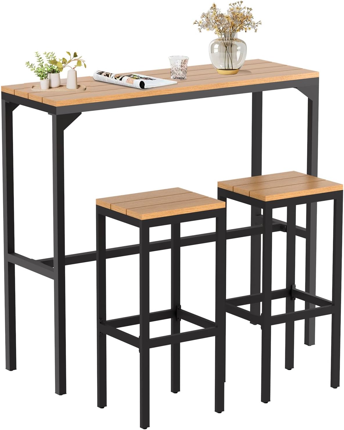 AECOJOY 3 Pcs Outdoor Patio Bar Set, 47" Outdoor High Top Table and Chairs with 2 Bar Stools, Wood Pub Height Bistro Table Set for Balcony, Backyard, Porch, Deck,Garden, Pool