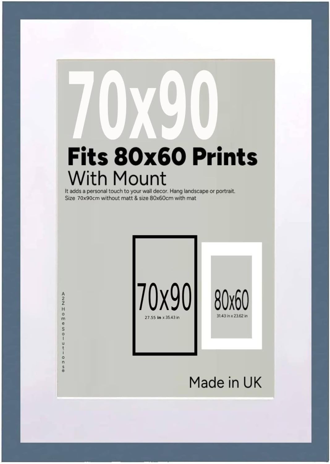 A2Z Home Solutions® Wall Photo Frame Dark Grey 70x90 cm Frame With 80x60 cm Mount Picture Poster Print With Clear HD Perspex 30x15 MM Moulding Mounting Hooks MDF Backboard