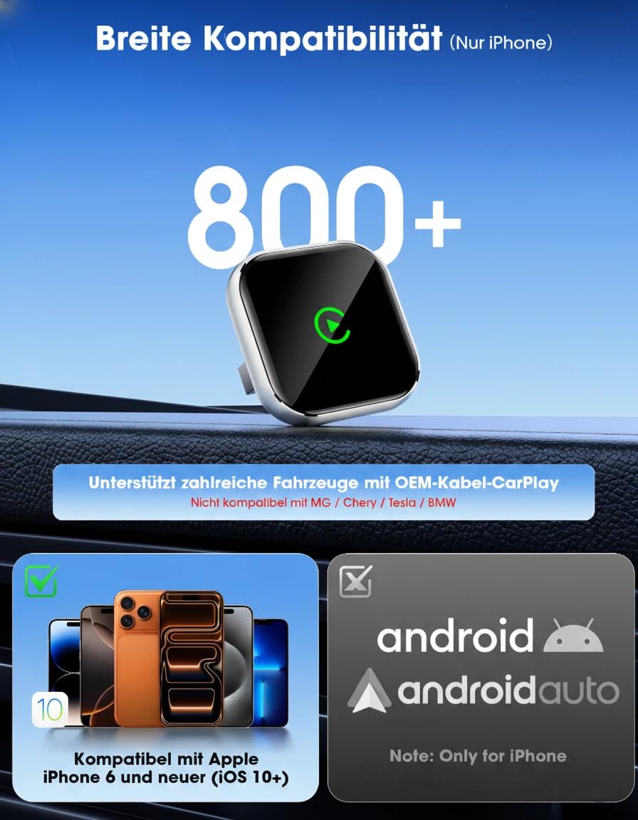 Wireless CarPlay Adapter mit GPS und Navigationsunterstützung - Kabelloses CarPlay für Fahrzeuge ab 2016, 5GHz WiFi, Auto-Connect, Niedrige Latenz, Nur für iPhone (Gold)